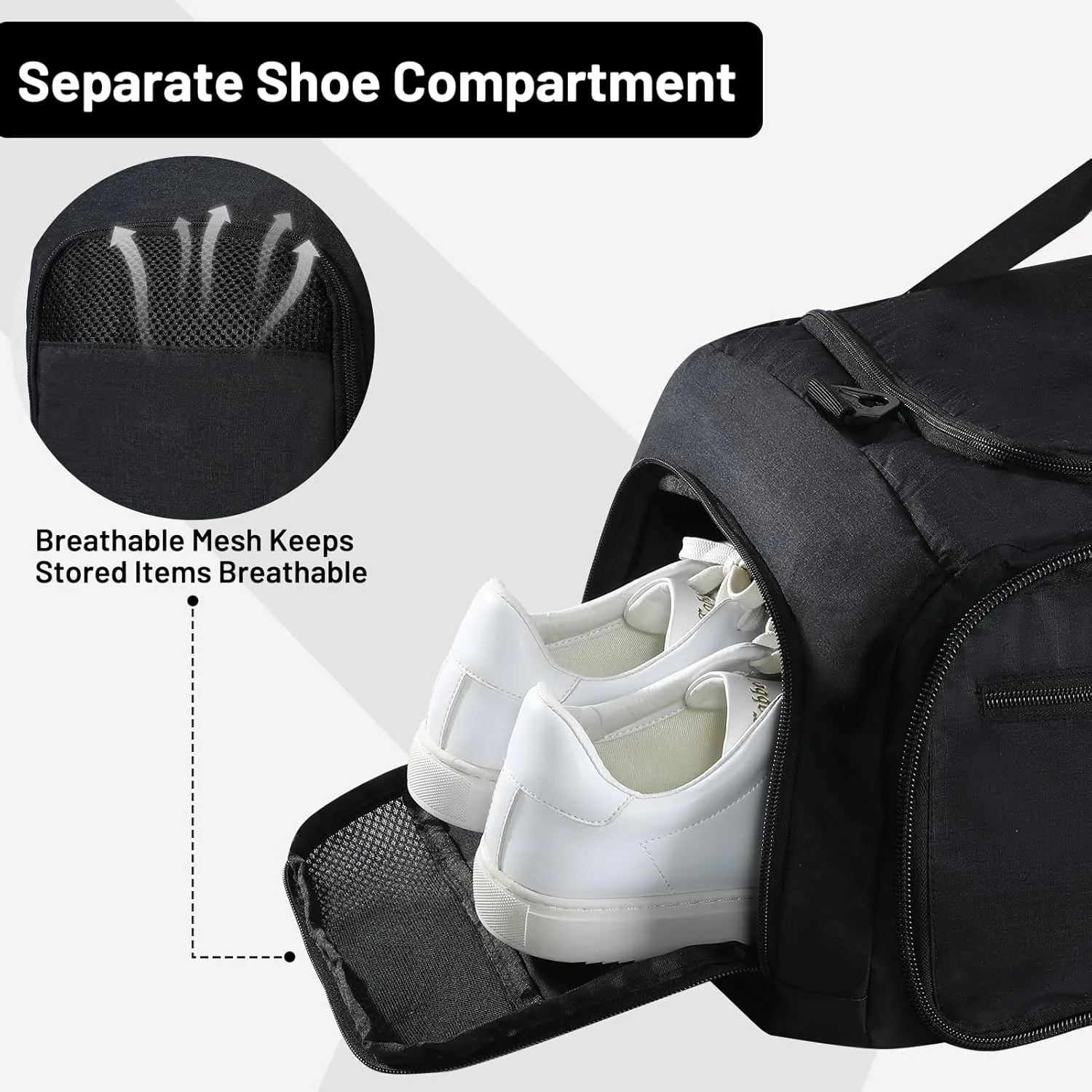 MIER Foldable Duffle Bag with Shoe Compartment 50L Travel Duffel Bags for Men Women Packable Overnight Bag for Camping Gym Weekender, Black