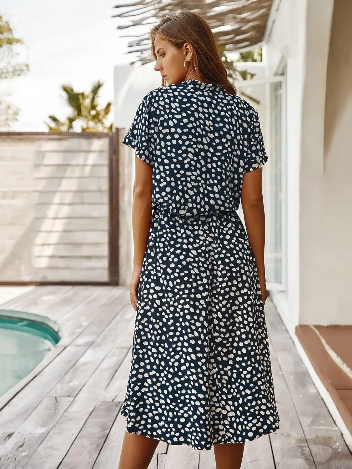 Milumia Womens Button Front Drawstring High Waist Short Sleeve A Line Midi Dress