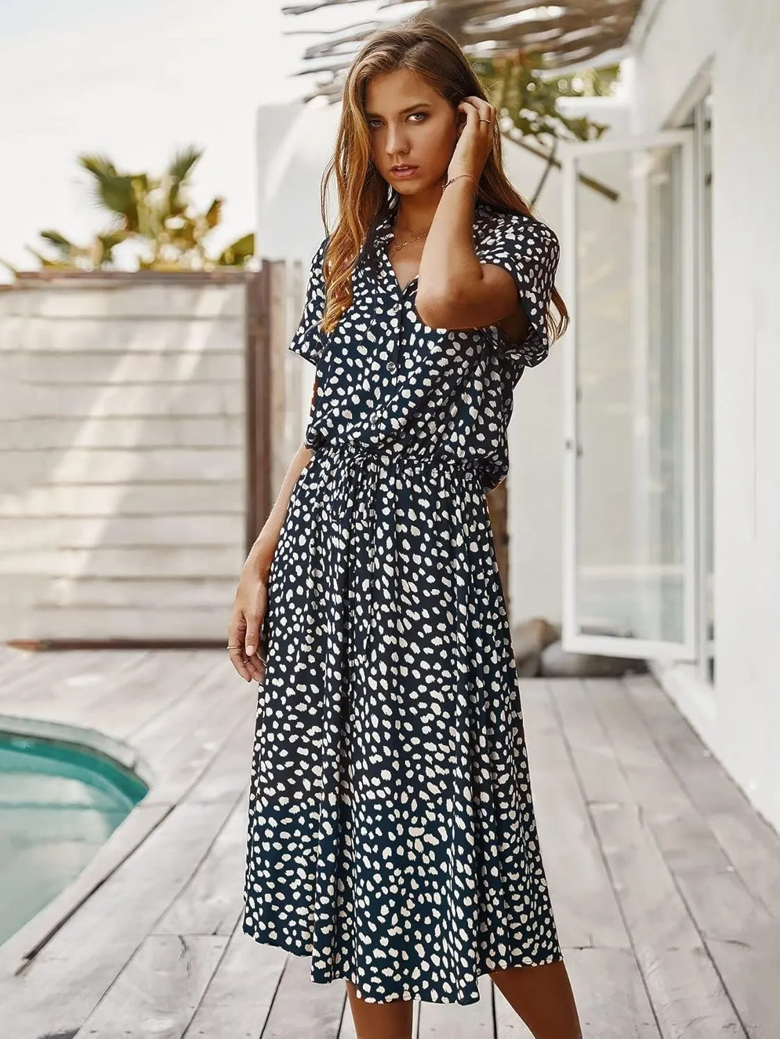 Milumia Womens Button Front Drawstring High Waist Short Sleeve A Line Midi Dress