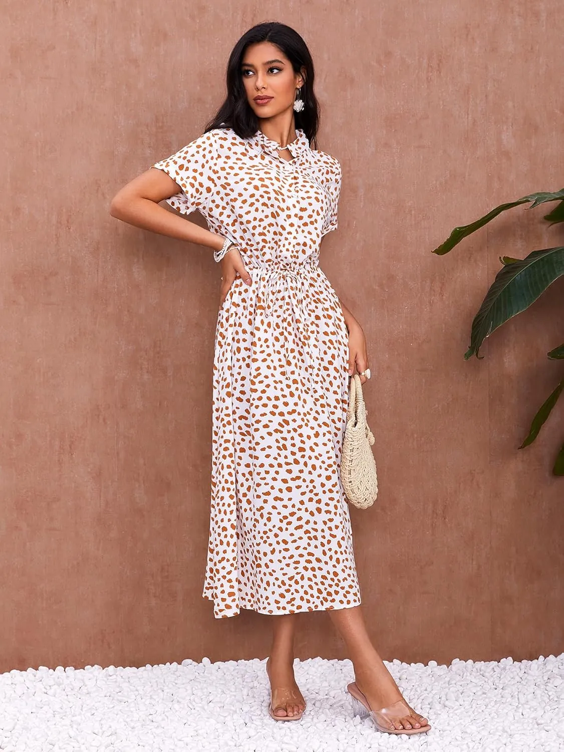 Milumia Womens Button Front Drawstring High Waist Short Sleeve A Line Midi Dress