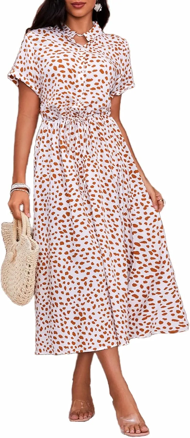 Milumia Womens Button Front Drawstring High Waist Short Sleeve A Line Midi Dress
