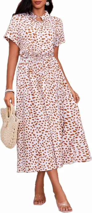 Milumia Womens Button Front Drawstring High Waist Short Sleeve A Line Midi Dress