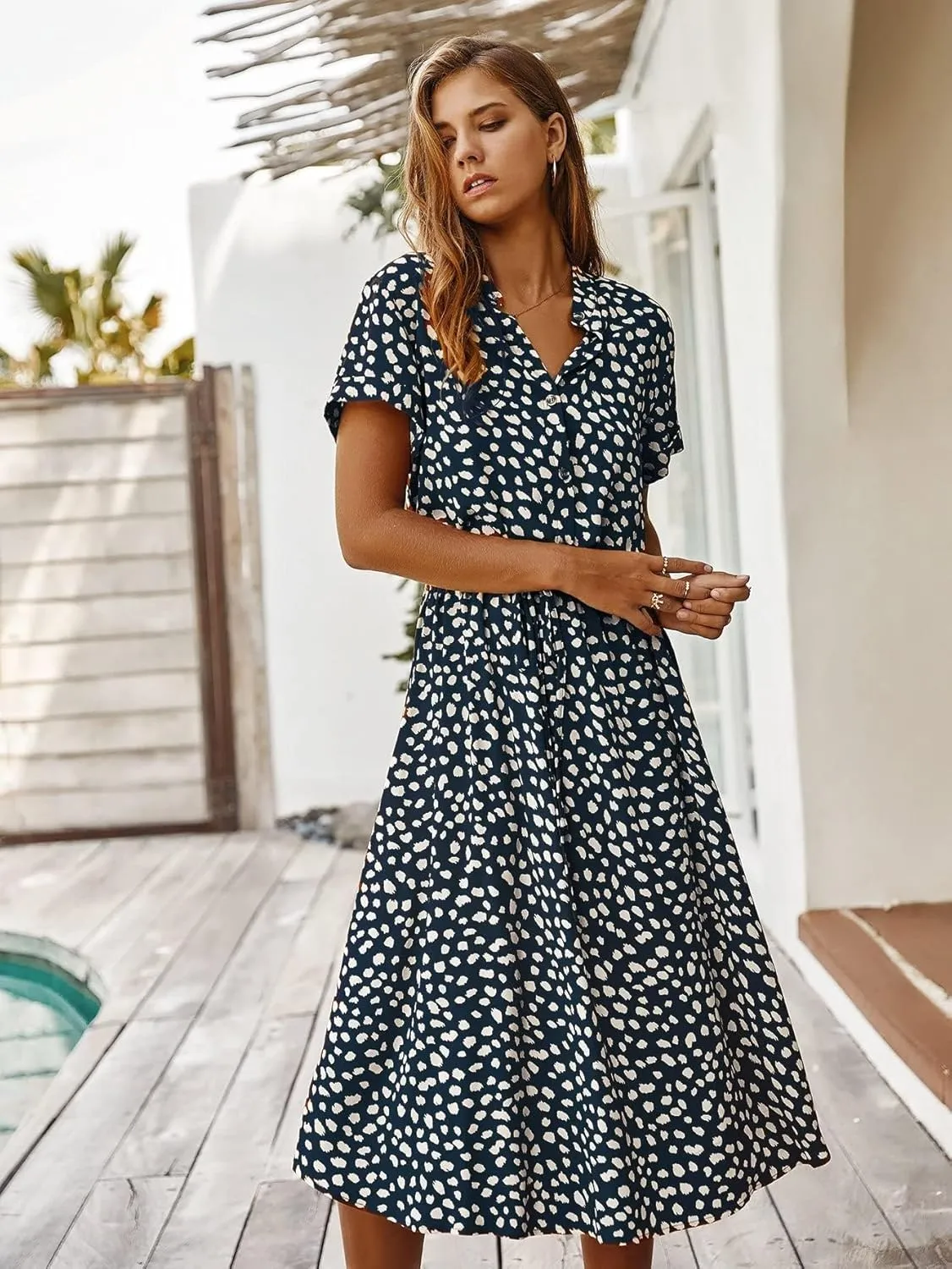 Milumia Womens Button Front Drawstring High Waist Short Sleeve A Line Midi Dress