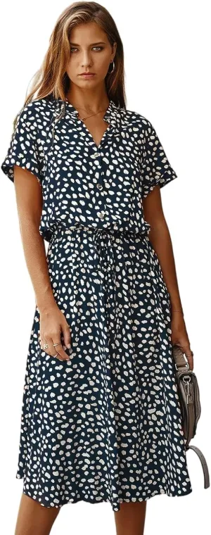 Milumia Womens Button Front Drawstring High Waist Short Sleeve A Line Midi Dress