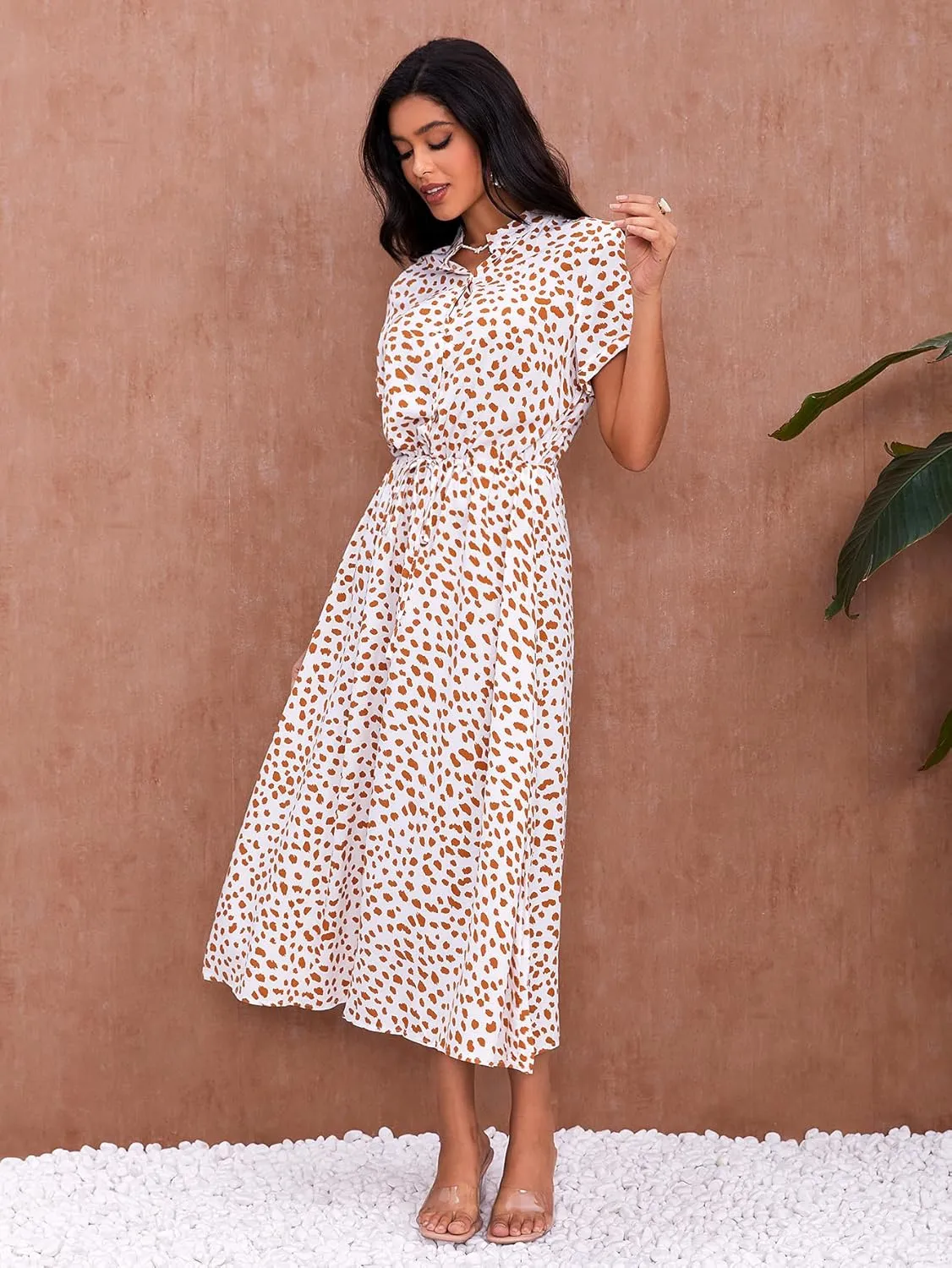 Milumia Womens Button Front Drawstring High Waist Short Sleeve A Line Midi Dress