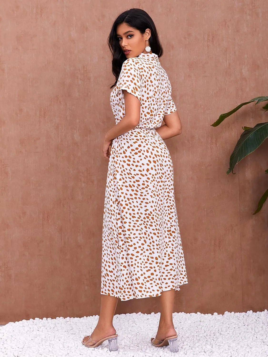 Milumia Womens Button Front Drawstring High Waist Short Sleeve A Line Midi Dress