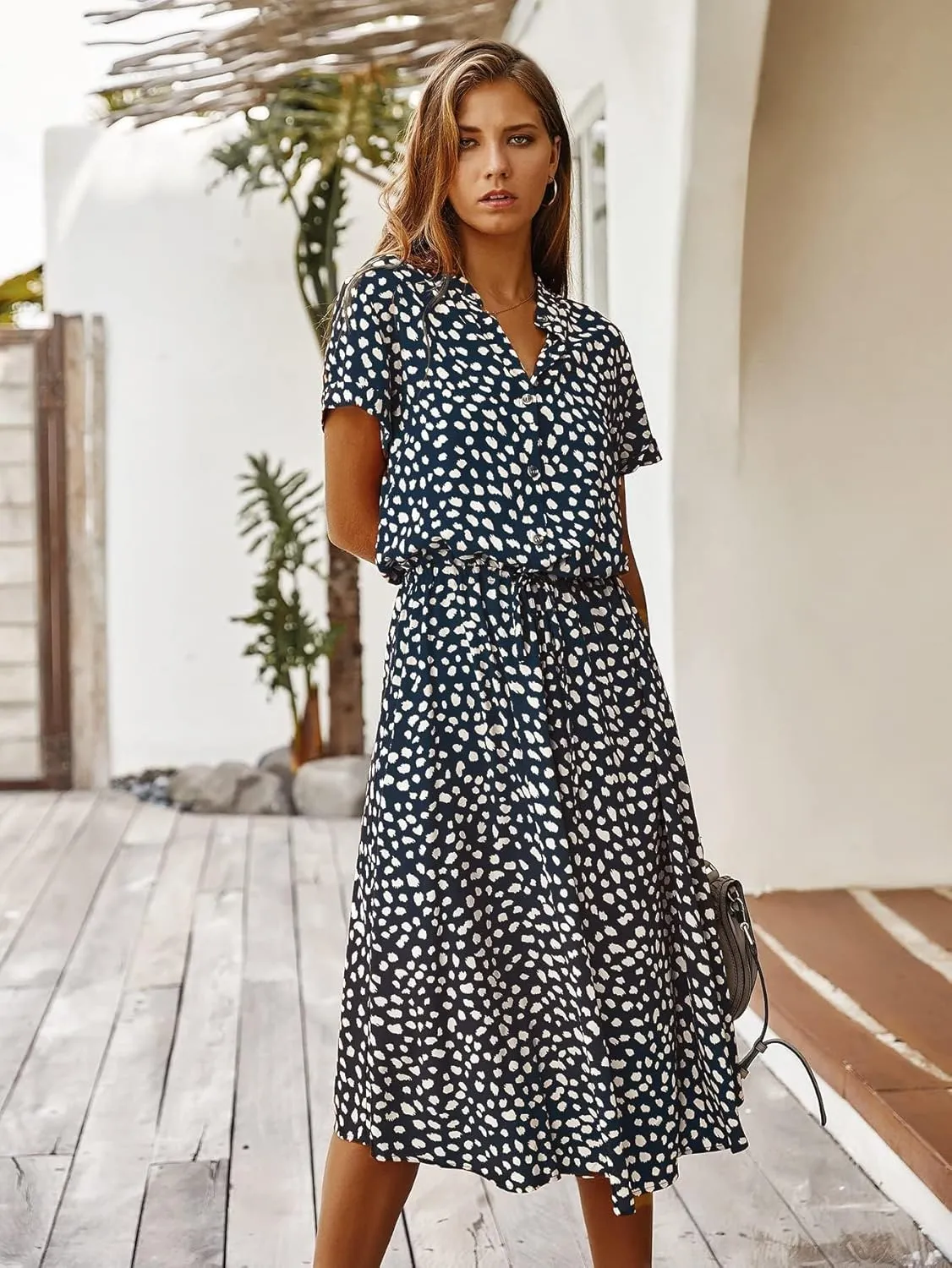 Milumia Womens Button Front Drawstring High Waist Short Sleeve A Line Midi Dress