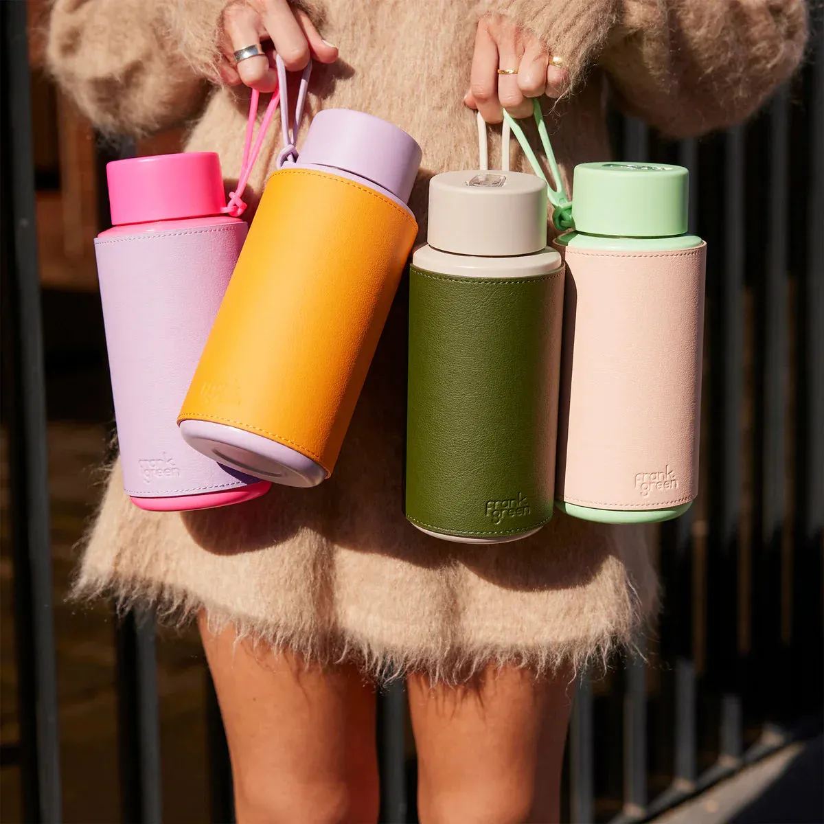 Mint Gelato Bottle with Blushed Cactus Leather Sleeve 34oz/1L - Frank Green