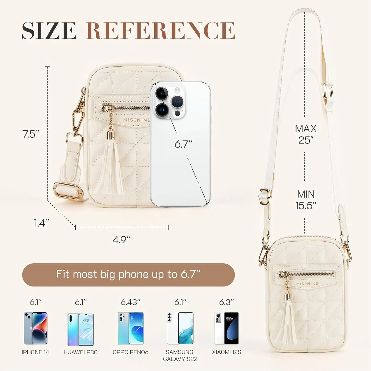 Missnine Small Crossbody Bags for Women RFID Cell Phone Purses Quilted Trendy Shoulder Purses with Wide Adjustable Strap