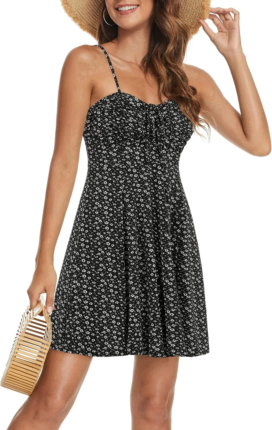 Missufe Spaghetti Strap Floral Mini Dress Women's Casual Ruched Front Drawstring Swing Sundress