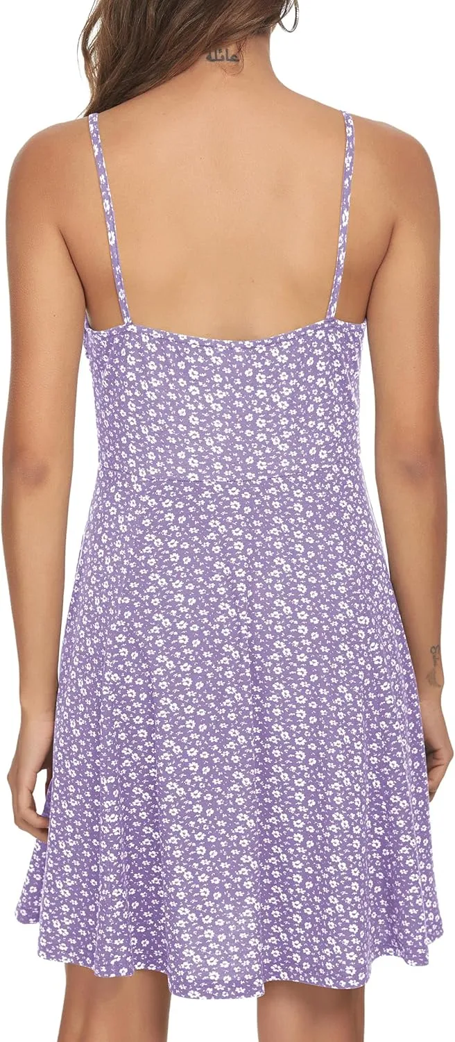Missufe Spaghetti Strap Floral Mini Dress Women's Casual Ruched Front Drawstring Swing Sundress