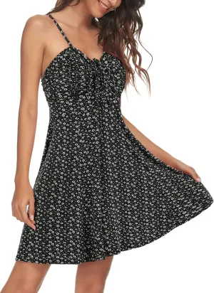 Missufe Spaghetti Strap Floral Mini Dress Women's Casual Ruched Front Drawstring Swing Sundress