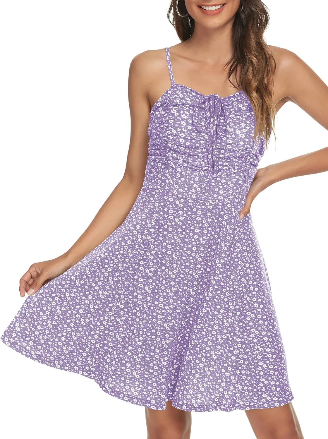 Missufe Spaghetti Strap Floral Mini Dress Women's Casual Ruched Front Drawstring Swing Sundress