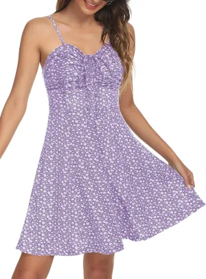 Missufe Spaghetti Strap Floral Mini Dress Women's Casual Ruched Front Drawstring Swing Sundress
