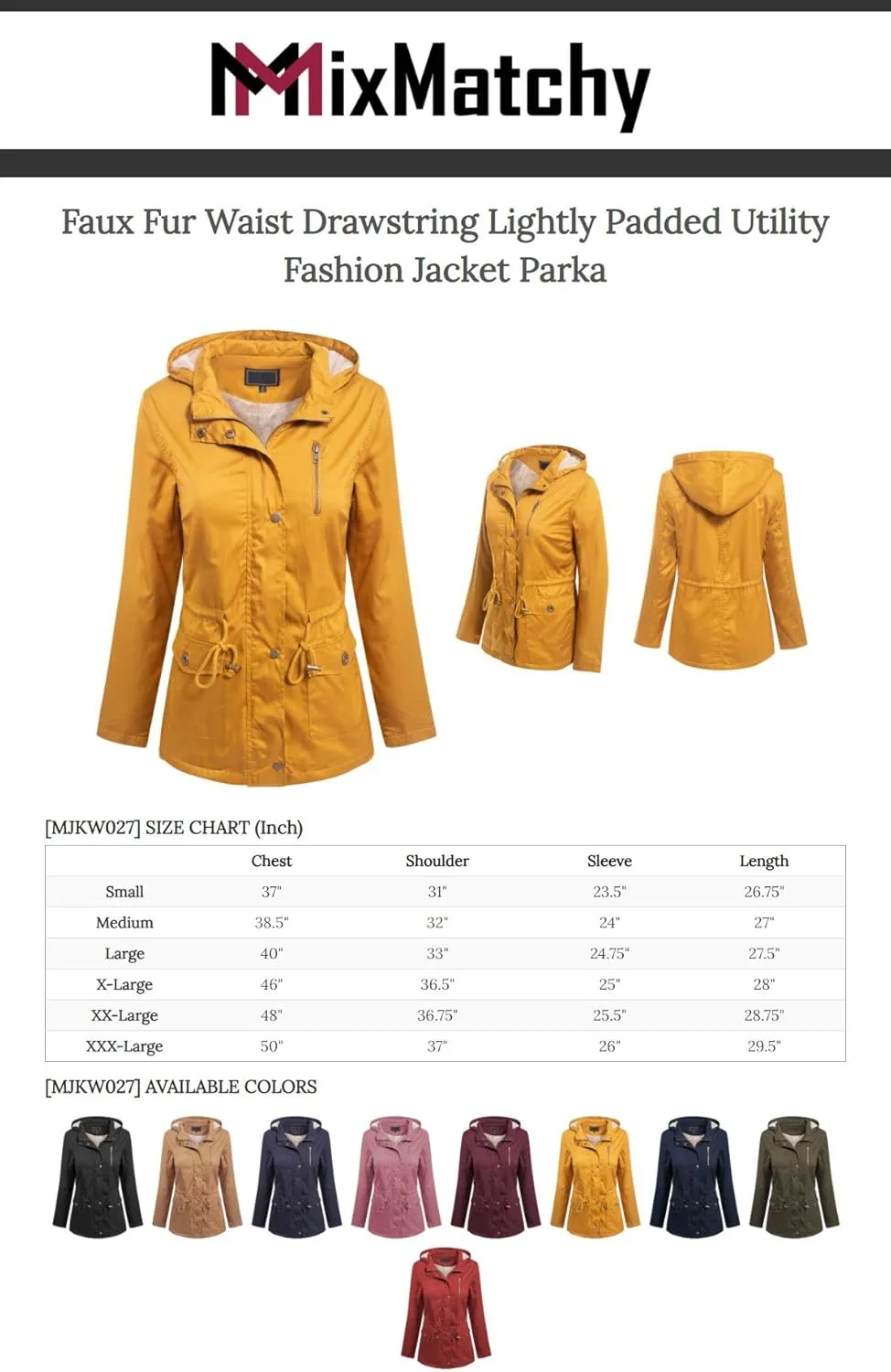 MixMatchy Women's Faux Fur Waist Drawstring Lightly Padded Utility Fashion Jacket Parka