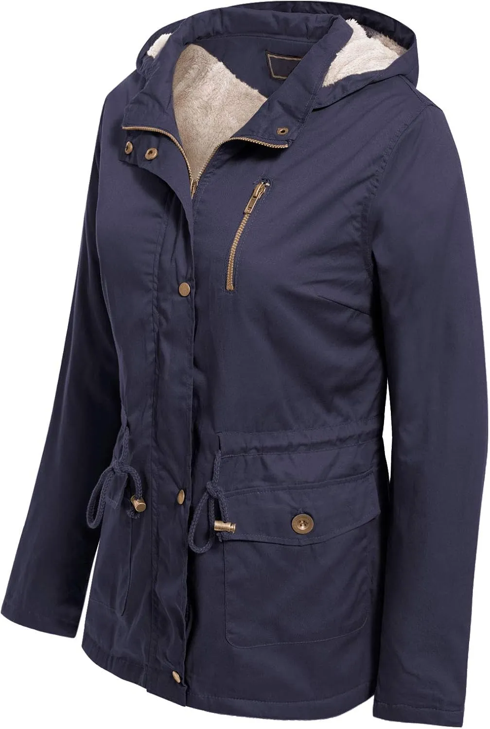 MixMatchy Women's Faux Fur Waist Drawstring Lightly Padded Utility Fashion Jacket Parka
