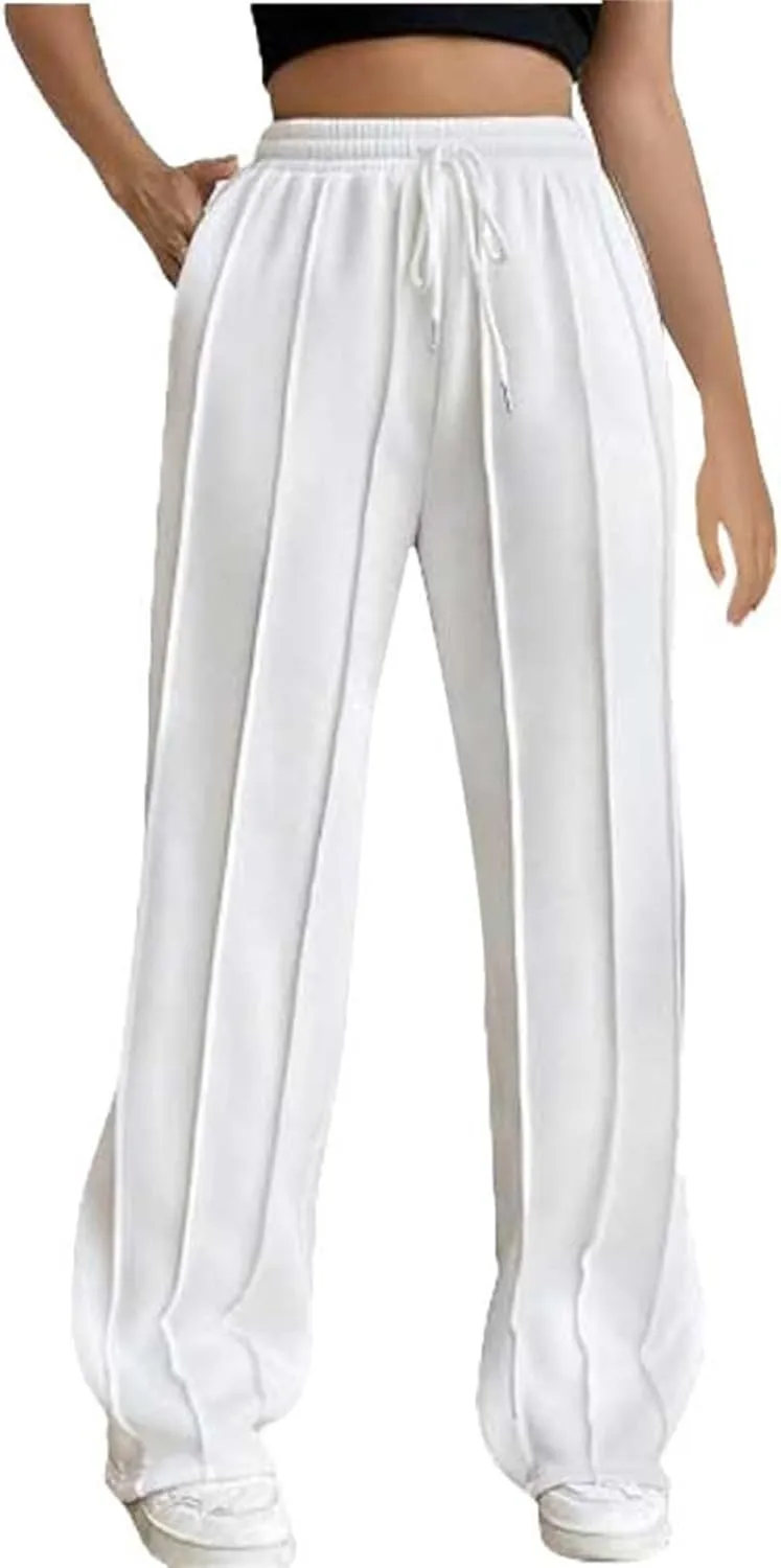 Miyaomn Casual Wide Leg Sweatpants for Women Pleated High Waisted Drawstring Sweat Joggers Pants Sports Trousers with Pockets