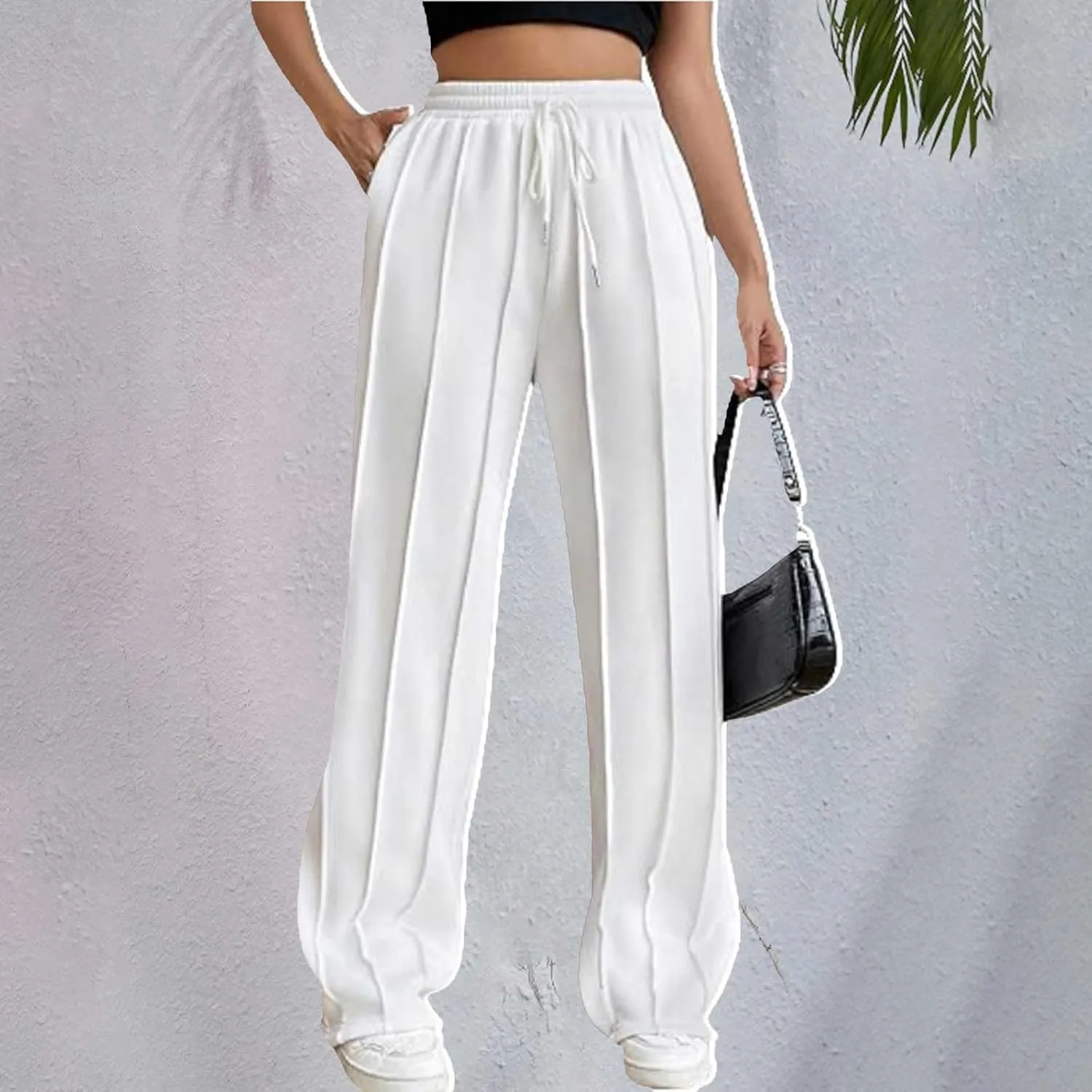Miyaomn Casual Wide Leg Sweatpants for Women Pleated High Waisted Drawstring Sweat Joggers Pants Sports Trousers with Pockets
