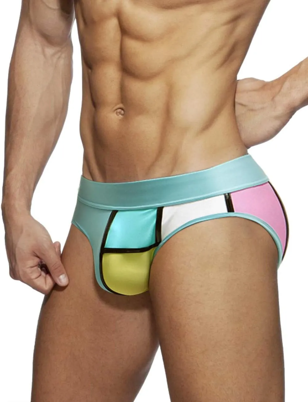 MIZOK Men's Color Block Bikini Swim Briefs Nylon Quick Dry Swimwear Sexy Low Rise Swimsuit