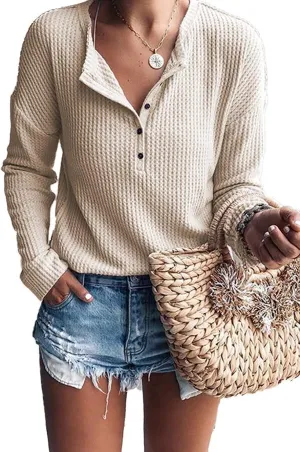 MOLERANI Womens Waffle Knit Tunic Tops Loose Long Sleeve Button Up V Neck Henley Shirts