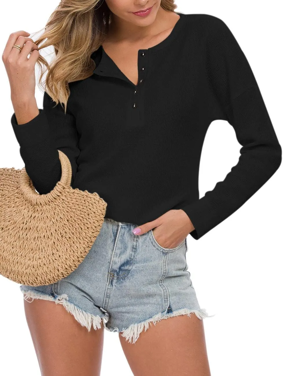 MOLERANI Womens Waffle Knit Tunic Tops Loose Long Sleeve Button Up V Neck Henley Shirts