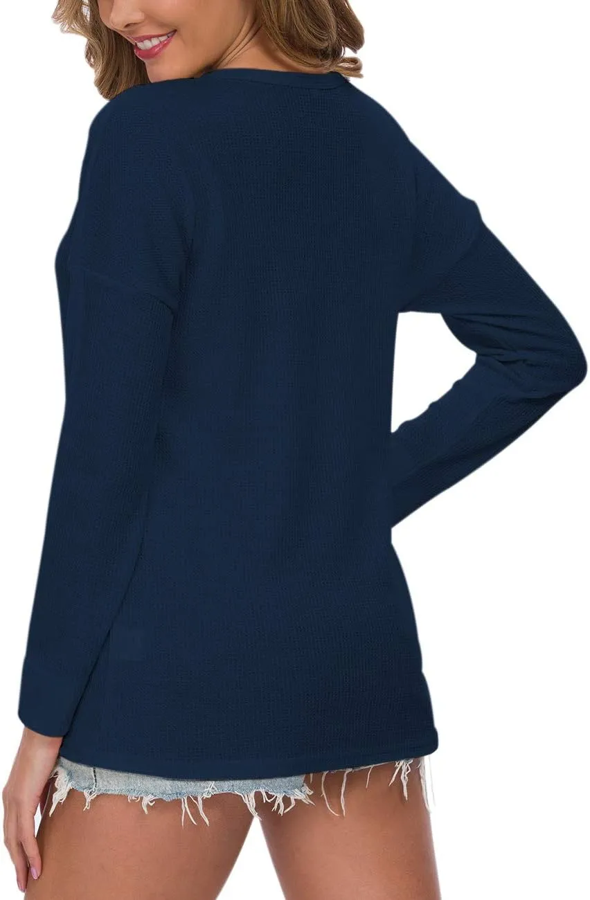 MOLERANI Womens Waffle Knit Tunic Tops Loose Long Sleeve Button Up V Neck Henley Shirts