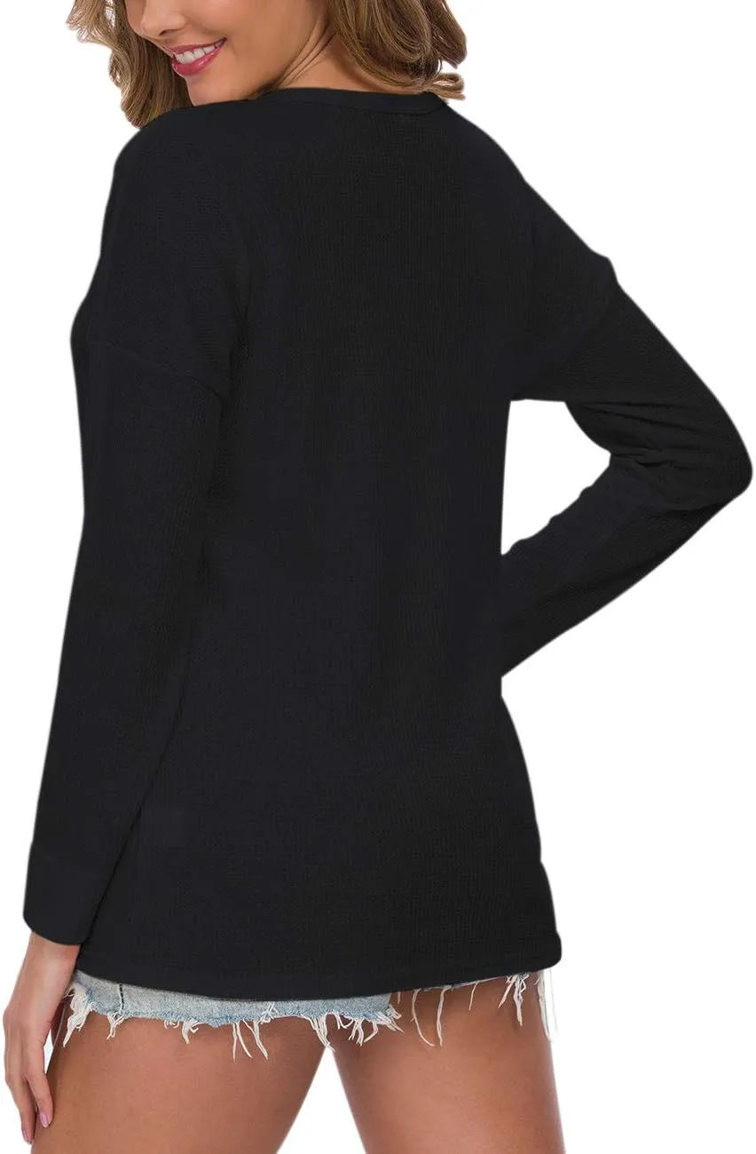 MOLERANI Womens Waffle Knit Tunic Tops Loose Long Sleeve Button Up V Neck Henley Shirts