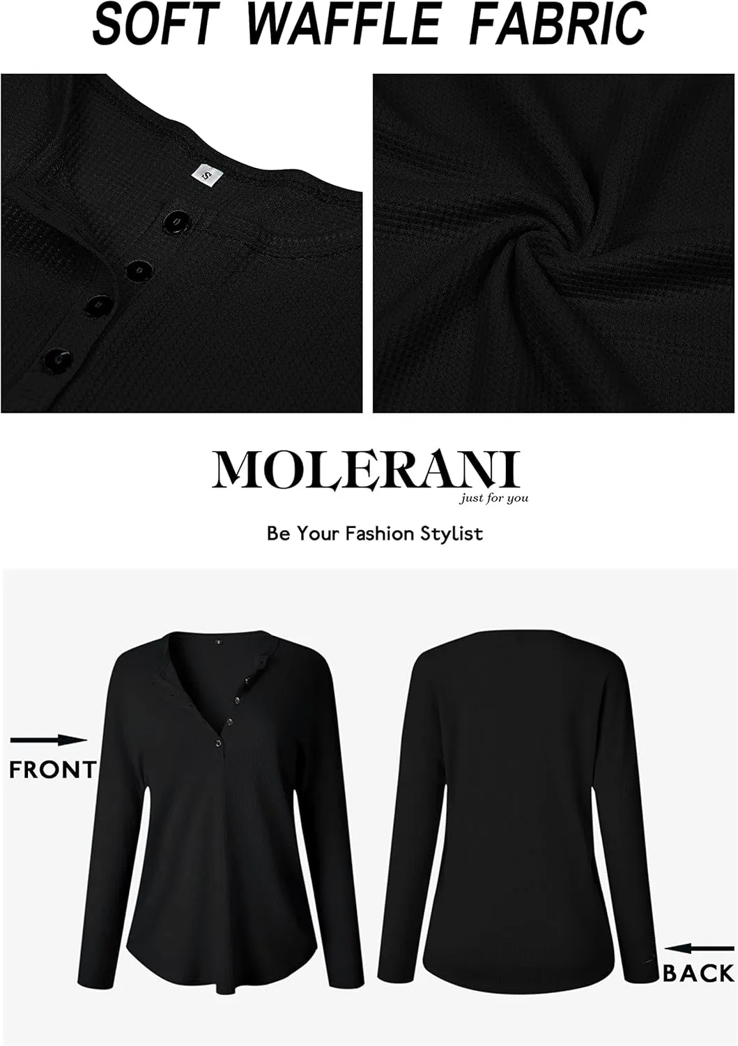 MOLERANI Womens Waffle Knit Tunic Tops Loose Long Sleeve Button Up V Neck Henley Shirts