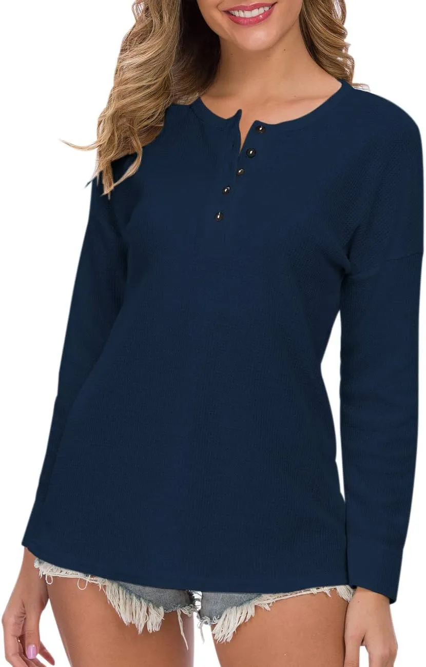 MOLERANI Womens Waffle Knit Tunic Tops Loose Long Sleeve Button Up V Neck Henley Shirts