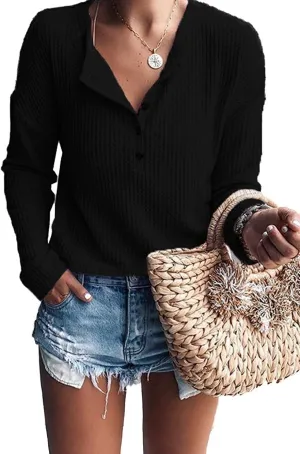 MOLERANI Womens Waffle Knit Tunic Tops Loose Long Sleeve Button Up V Neck Henley Shirts