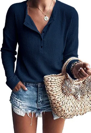 MOLERANI Womens Waffle Knit Tunic Tops Loose Long Sleeve Button Up V Neck Henley Shirts