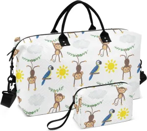 Monkey Parrot Bird Tropics Butterfly Travel Duffle Bag, Large Weekender Overnight Bags for Women Men Waterproof Carry on Shoulder Tote Bags for Hospital Maternity Mommy Gym with Toiletry Bag