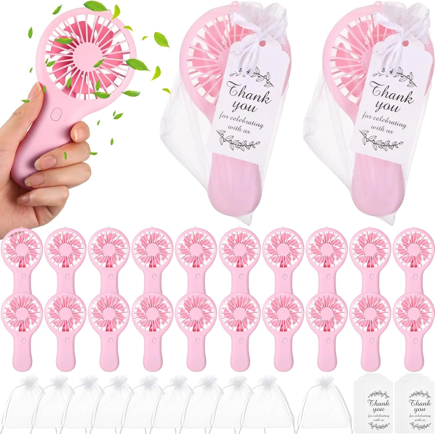 Mudder 20 Set Bulk Small Wedding Fans for Guests 3 Speed Mini Handheld Personal USB Wedding Travel Fan with Cards Gift Bags for Summer Birthday Party Gifts Baby Shower Bridal Party Favor(Pink)
