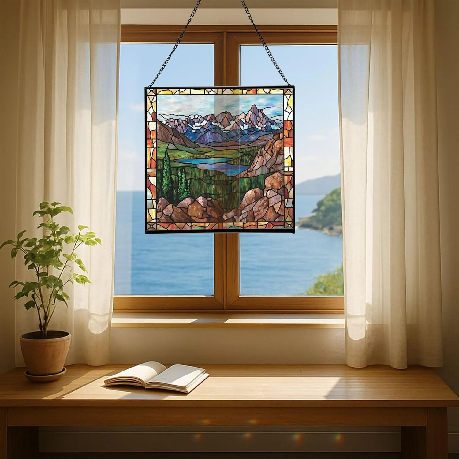 Muddy Mountain Wilderness-Wyoming Landscape Stained Glass Suncatcher – Square Hanging Window Panel for Nature Lovers – Scenic Glass Art for Home, Cabin, Office, Christmas, Travel 1F3FmR