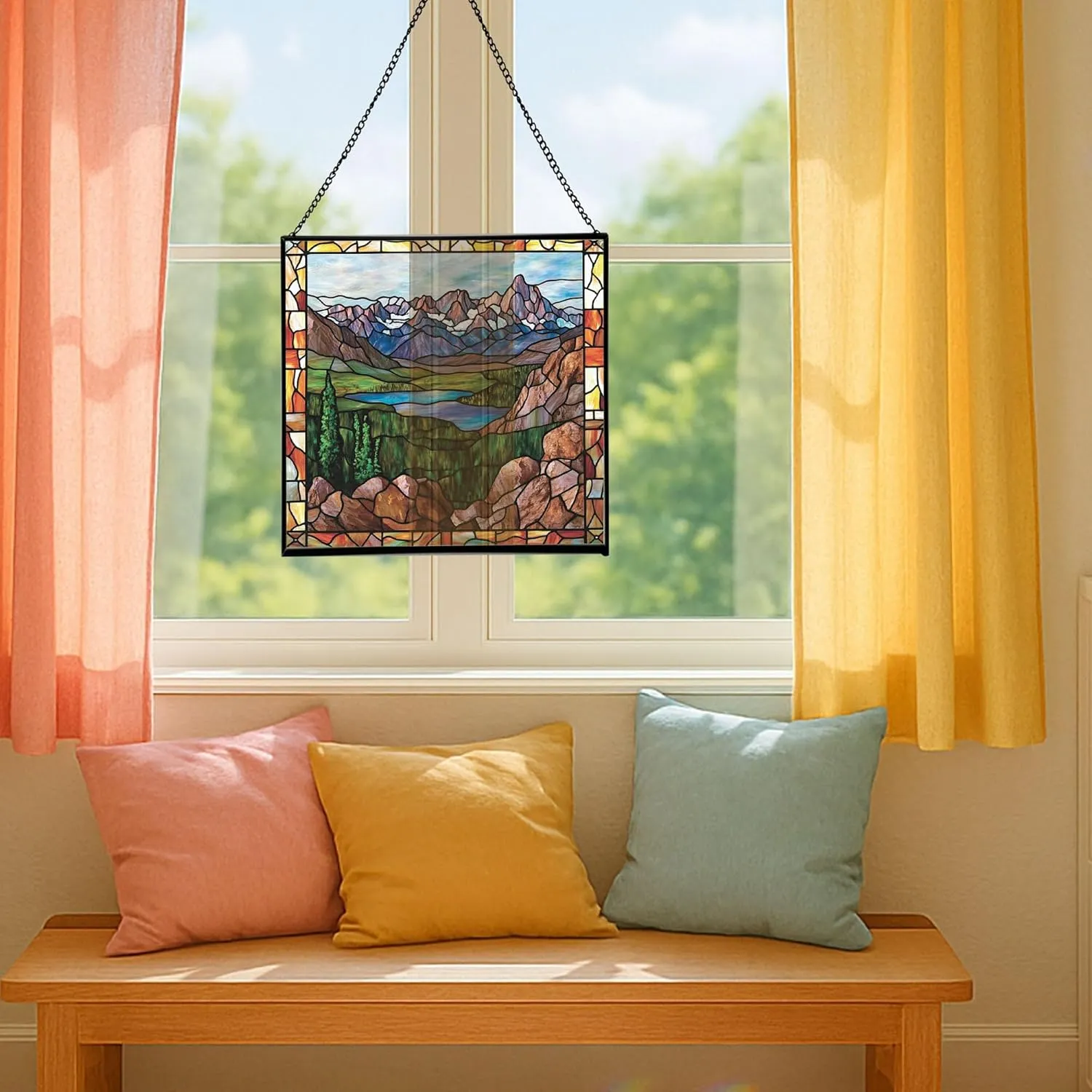 Muddy Mountain Wilderness-Wyoming Landscape Stained Glass Suncatcher – Square Hanging Window Panel for Nature Lovers – Scenic Glass Art for Home, Cabin, Office, Christmas, Travel 1F3FmR
