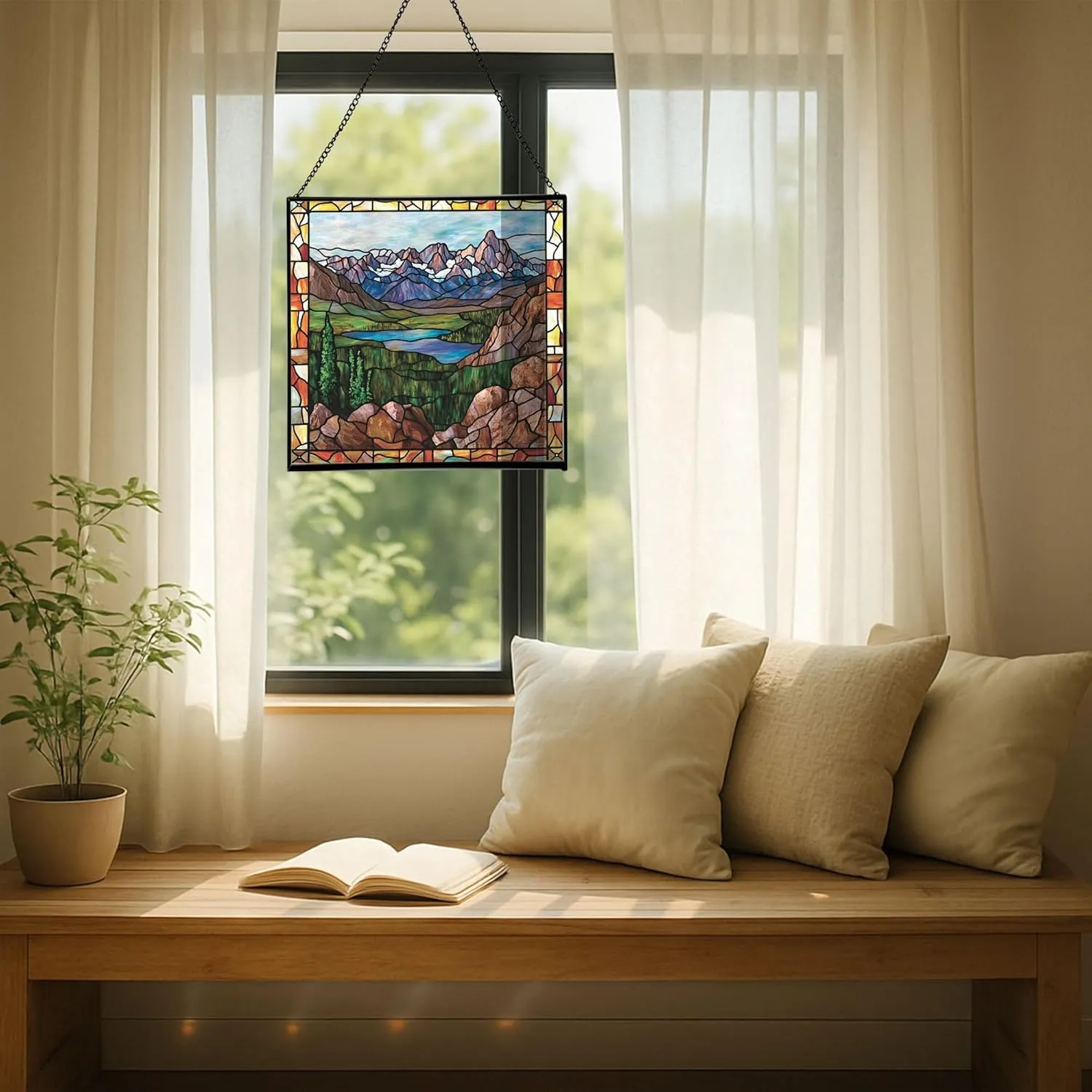 Muddy Mountain Wilderness-Wyoming Landscape Stained Glass Suncatcher – Square Hanging Window Panel for Nature Lovers – Scenic Glass Art for Home, Cabin, Office, Christmas, Travel 1F3FmR
