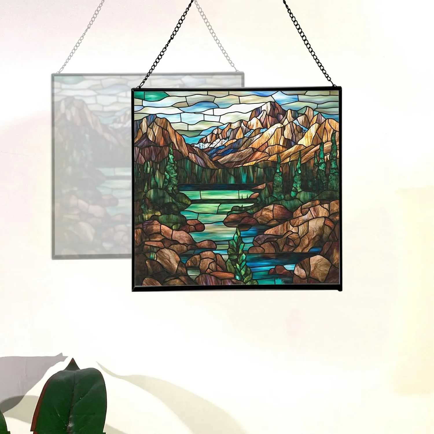 Muddy Mountain Wilderness-Wyoming Landscape Stained Glass Suncatcher – Square Hanging Window Panel for Nature Lovers – Scenic Glass Art for Home, Cabin, Office, Christmas, Travel Fhgqaa