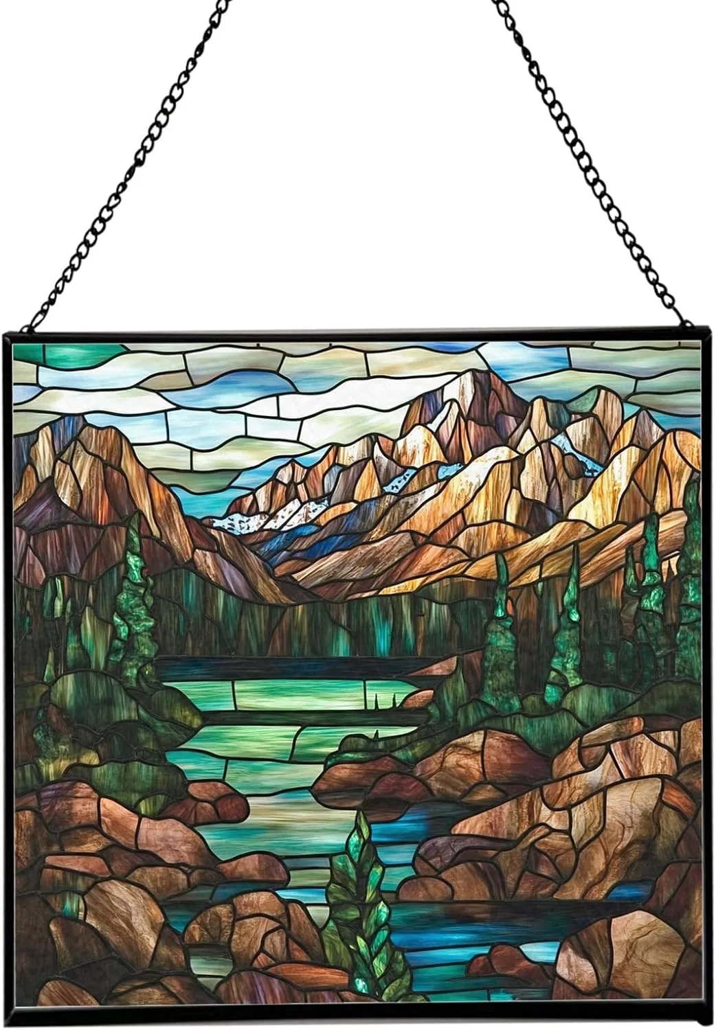 Muddy Mountain Wilderness-Wyoming Landscape Stained Glass Suncatcher – Square Hanging Window Panel for Nature Lovers – Scenic Glass Art for Home, Cabin, Office, Christmas, Travel Fhgqaa
