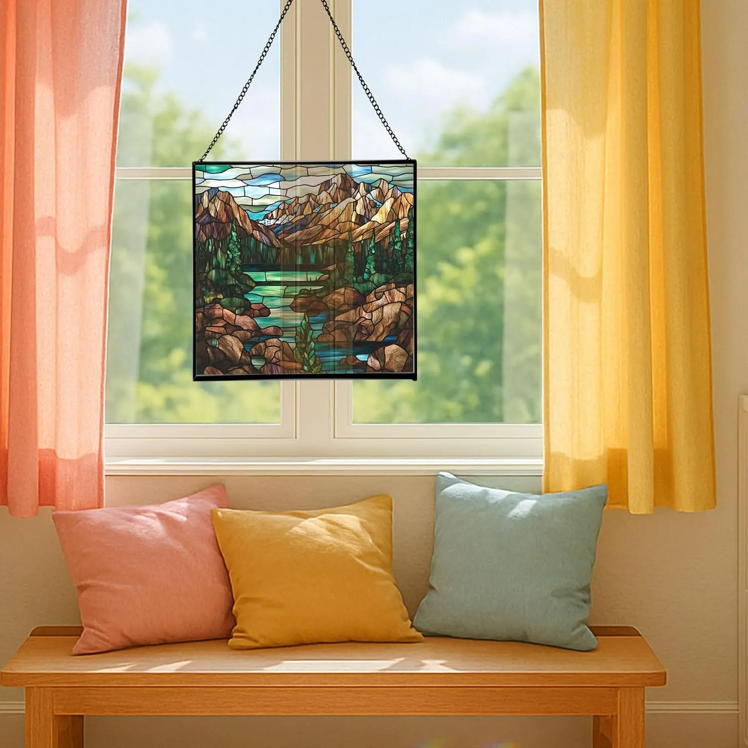 Muddy Mountain Wilderness-Wyoming Landscape Stained Glass Suncatcher – Square Hanging Window Panel for Nature Lovers – Scenic Glass Art for Home, Cabin, Office, Christmas, Travel Fhgqaa