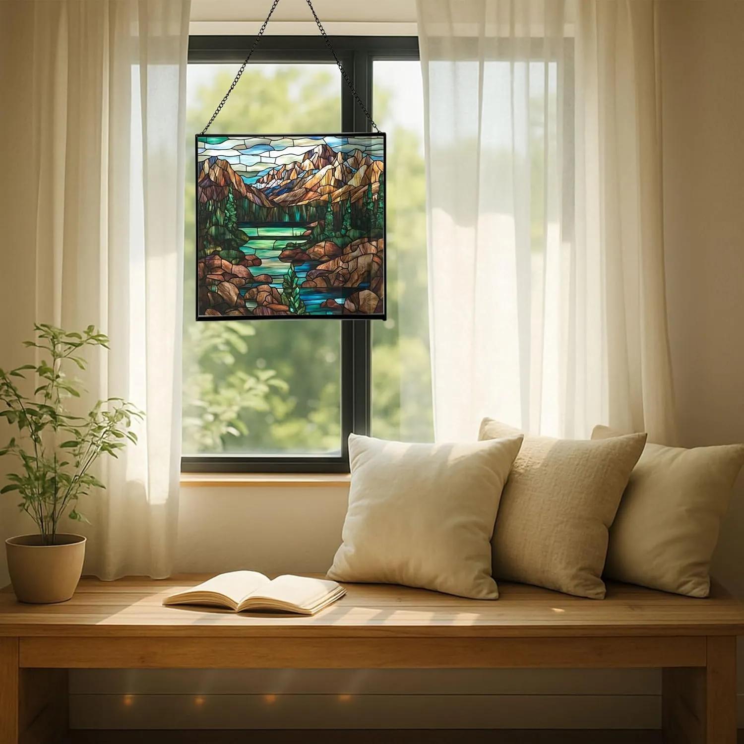 Muddy Mountain Wilderness-Wyoming Landscape Stained Glass Suncatcher – Square Hanging Window Panel for Nature Lovers – Scenic Glass Art for Home, Cabin, Office, Christmas, Travel Fhgqaa