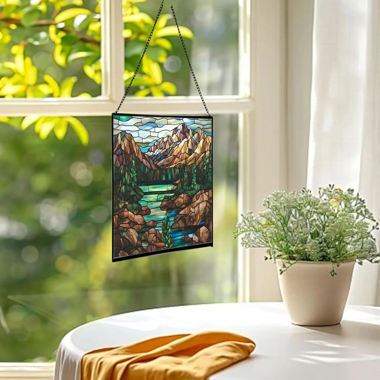 Muddy Mountain Wilderness-Wyoming Landscape Stained Glass Suncatcher – Square Hanging Window Panel for Nature Lovers – Scenic Glass Art for Home, Cabin, Office, Christmas, Travel Fhgqaa