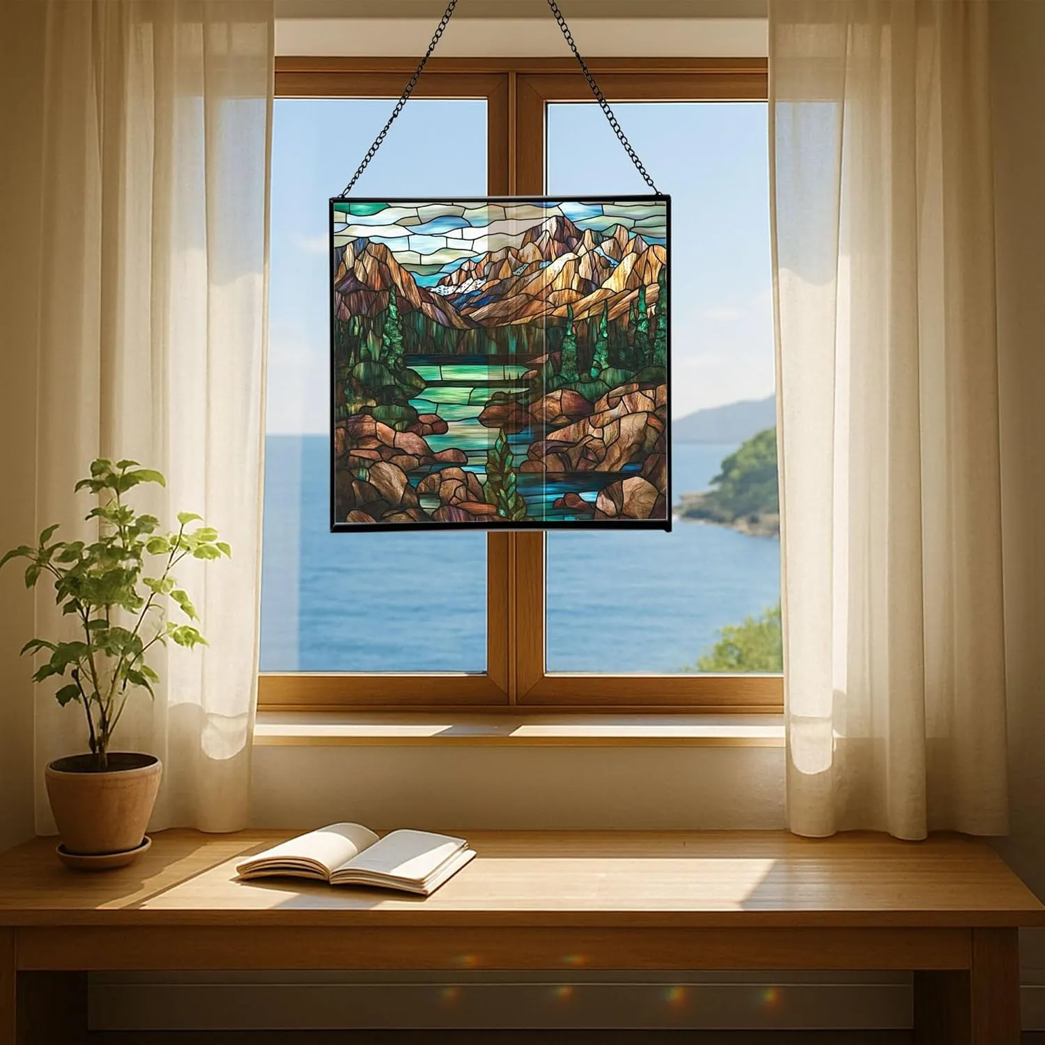 Muddy Mountain Wilderness-Wyoming Landscape Stained Glass Suncatcher – Square Hanging Window Panel for Nature Lovers – Scenic Glass Art for Home, Cabin, Office, Christmas, Travel Fhgqaa