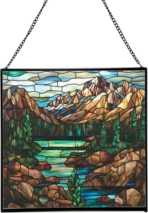 Muddy Mountain Wilderness-Wyoming Landscape Stained Glass Suncatcher – Square Hanging Window Panel for Nature Lovers – Scenic Glass Art for Home, Cabin, Office, Christmas, Travel Fhgqaa