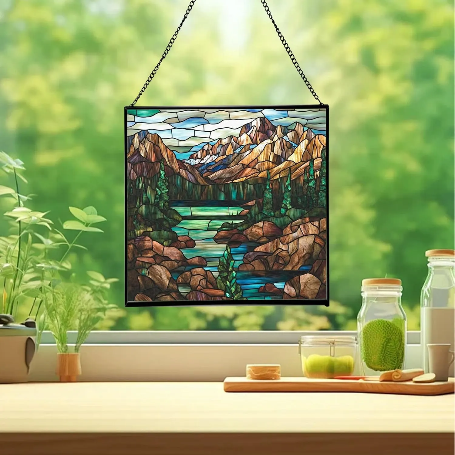 Muddy Mountain Wilderness-Wyoming Landscape Stained Glass Suncatcher – Square Hanging Window Panel for Nature Lovers – Scenic Glass Art for Home, Cabin, Office, Christmas, Travel Fhgqaa