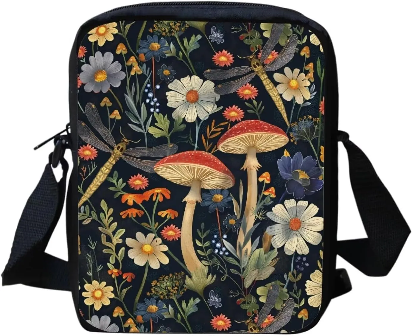 Mushroom Small Crossbody Purse for Women Girls Dragonfly Print Mini Messenger Cellphone Bag with Back Zipper Pocket Lightweight Travel Work Bag