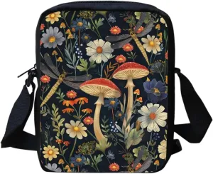 Mushroom Small Crossbody Purse for Women Girls Dragonfly Print Mini Messenger Cellphone Bag with Back Zipper Pocket Lightweight Travel Work Bag