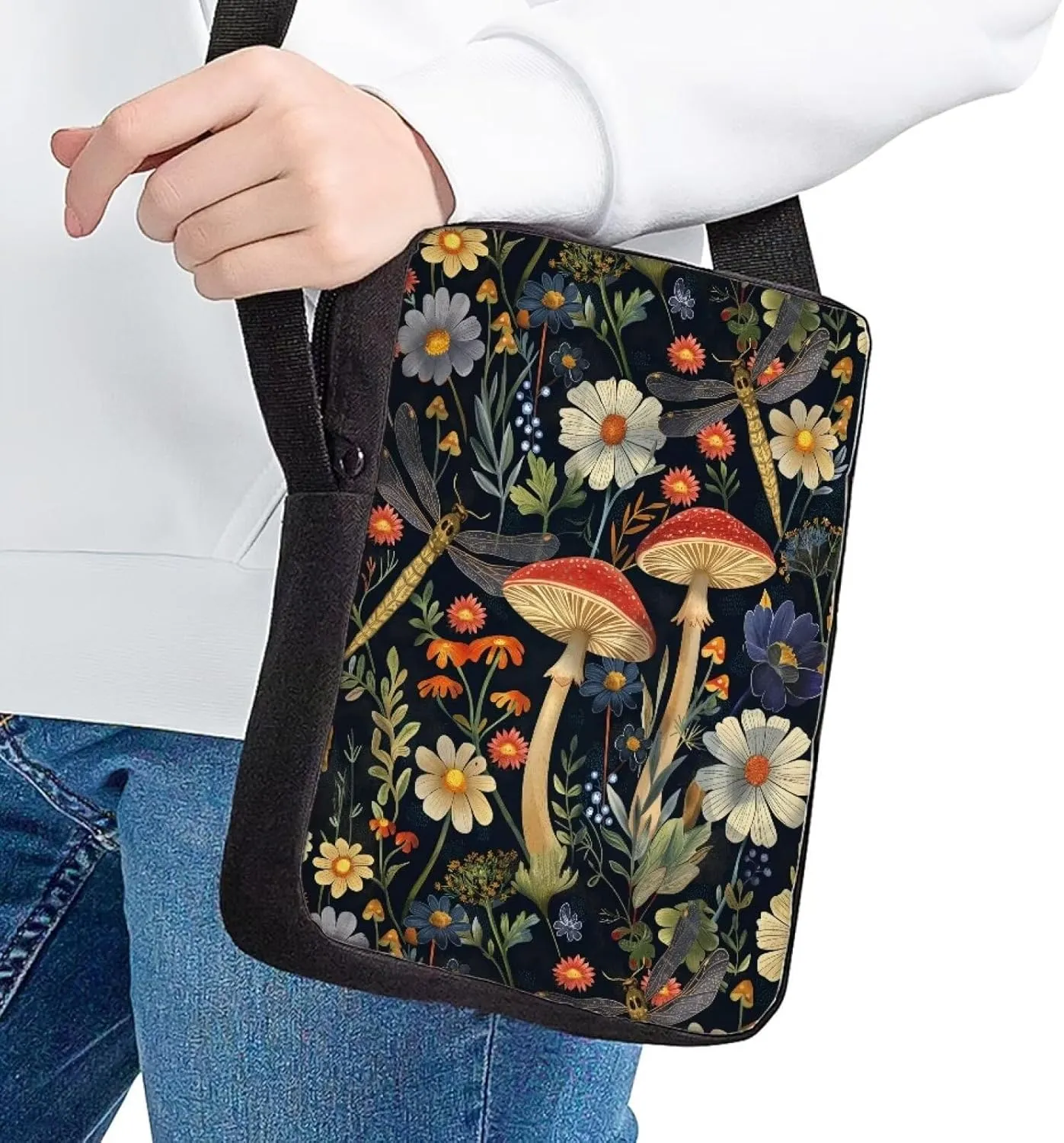 Mushroom Small Crossbody Purse for Women Girls Dragonfly Print Mini Messenger Cellphone Bag with Back Zipper Pocket Lightweight Travel Work Bag