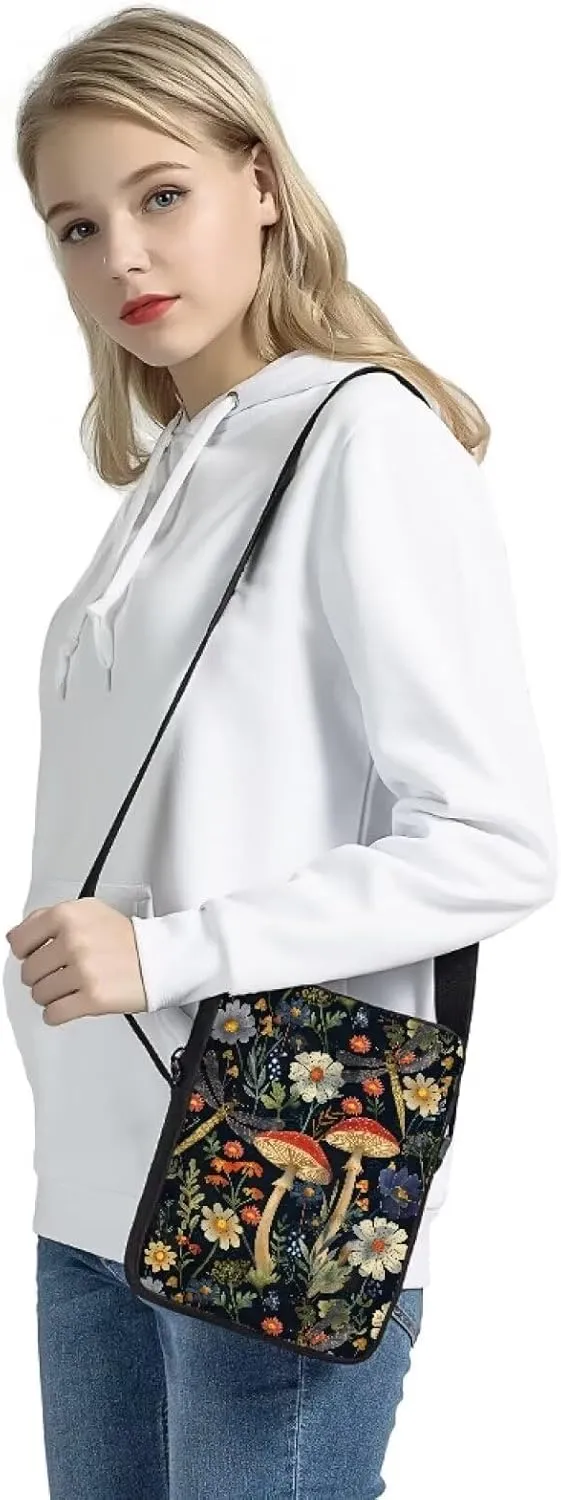 Mushroom Small Crossbody Purse for Women Girls Dragonfly Print Mini Messenger Cellphone Bag with Back Zipper Pocket Lightweight Travel Work Bag