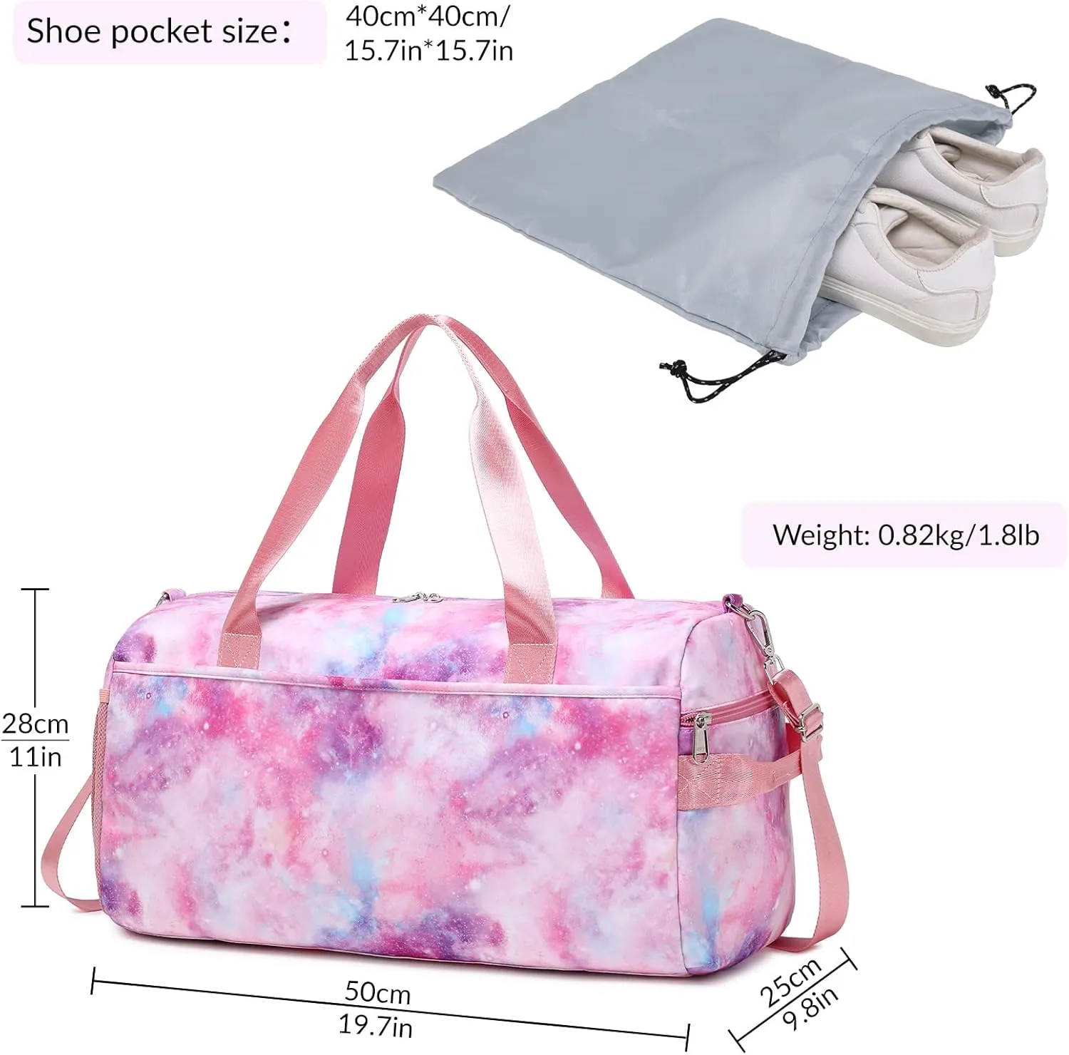 Mygreen Gym Duffle Bag for Girls, Gymnastics Sports Bag for Teens Women Large Overnight Weekender Carry On Travel Bag with Shoe Bag and Wet Pocket Tie Dye Pink