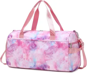 Mygreen Gym Duffle Bag for Girls, Gymnastics Sports Bag for Teens Women Large Overnight Weekender Carry On Travel Bag with Shoe Bag and Wet Pocket Tie Dye Pink